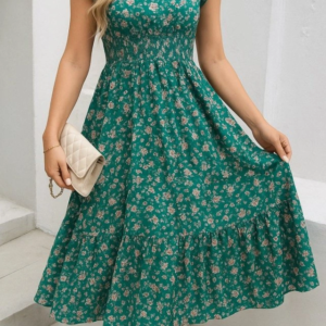 Kadın Kısa Kollu Kruvaze Yaka Beli Lastikli çiçek Desenli Elbise