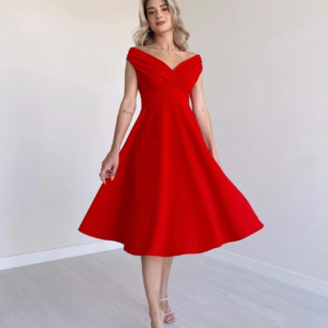 Kadın Kısa Kollu Kruvaze Yaka Eteği Volanlı Krep Elbise