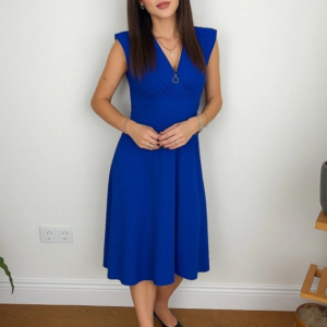 Kadın Kısa Kollu Kruvaze Yakalı Bel Korsajı Buzgulu Midi Janjan Krep Elbise