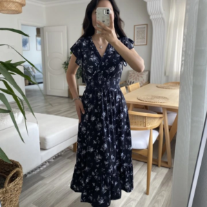 Kadın Kısa Kollu Kruvaze Yakalı Beli Lastikli çiçek Desenli Elbise