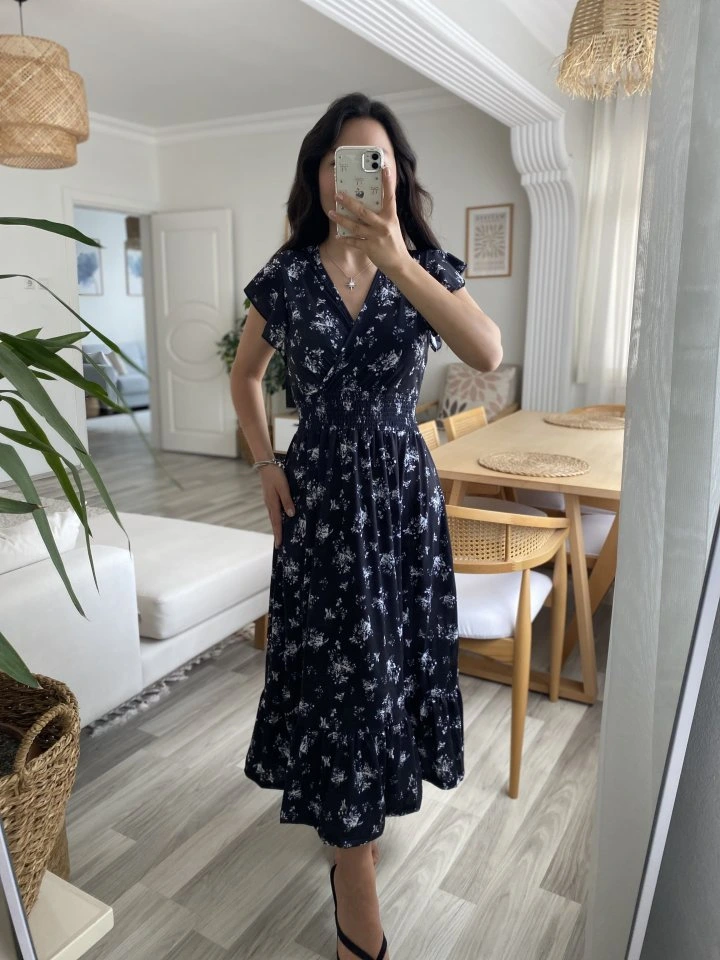 Kadın Kısa Kollu Kruvaze Yakalı Beli Lastikli çiçek Desenli Elbise