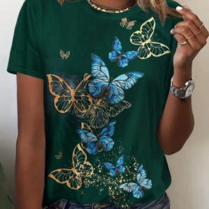 Kadın Kısa Kollu Mavi Sarı Kelebek Baskı Süprem Bluz