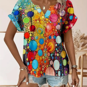 Kadın Kısa Kollu V Yakalı Desenli Süprem Bluz