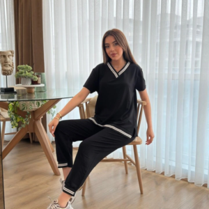 Kadın Kısa Kollu V Yakalı Iki Iplik Bluz Ve Pantolon Ikili Takım