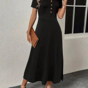 Kadın Kısa Kollu V Yakalı önden Düğmeli Yırtmaçlı Midi Viskon Elbise