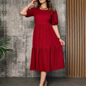 Kadın Kısa Kollu Yakası Açık Katlı Bürümcük Balon Elbise