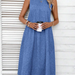 Kadın Kolsuz Bisiklet Yaka Cepli Midi Keten Elbise