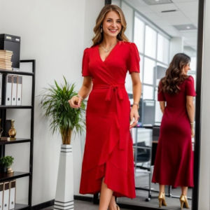 Kadın Kruvaze Yaka Midi Boy Kuşaklı Krep Elbise 120 Cm