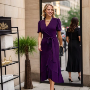 Kadın Kruvaze Yaka Midi Boy Kuşaklı Krep Elbise 120 Cm