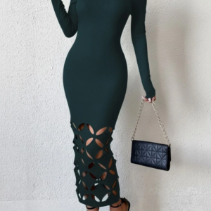 Kadın Madonna Yaka Uzun Kollu Lazer çiçek Kesim Detaylı Uzun Ithal Krep Elbise