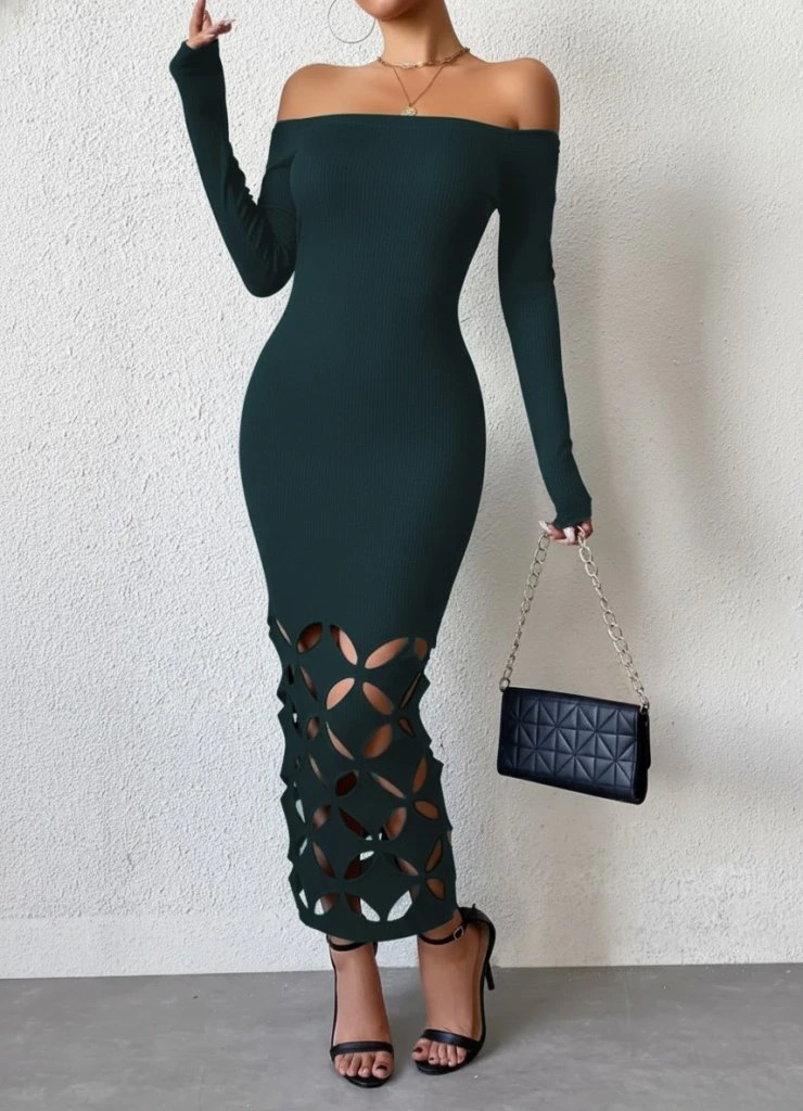 Kadın Madonna Yaka Uzun Kollu Lazer çiçek Kesim Detaylı Uzun Ithal Krep Elbise