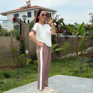 Kadın Modal Dokulu Kumaş Yanı şeritli Takım