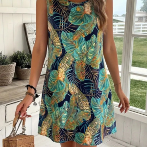 Kadın Sıfır Kollu Yuvarlak Yaka Desenli Süprem Elbise