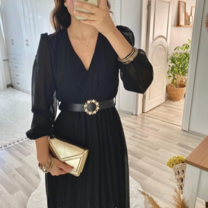 Kadın şifon Kumaş Astalı Kloş Kesim Kruvaze Yaka Midi Boy Elbise