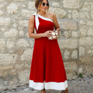 Kadın Tek Omuzu Açık Omuzlardan Kurdela Detaylı çift Renkli Ithal Krep Elbise