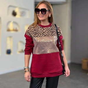 Kadın üç Iplik şardonlu Kumaş Leopar Desenli Bluz