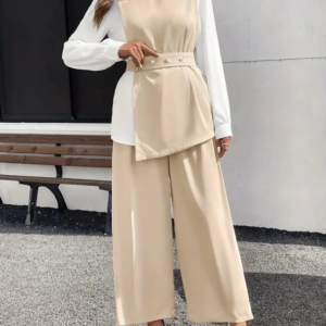 Kadın Uzun Kollu Açık Yakalı çift Renkli Kemerli Ithal Krep Ikili Takım