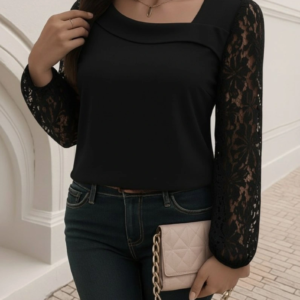 Kadın Uzun Kollu Asimetrik Yakalı Dantelli Ithal Krep Bluz