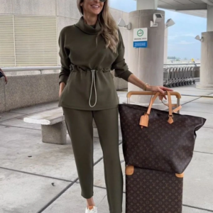 Kadın Uzun Kollu Balıkçı Yaka Belden Lastikli Modal Bluz Ve Pantolon Ikili Takım