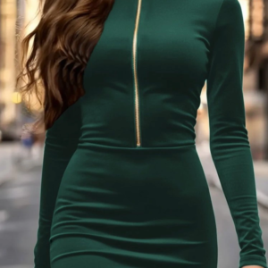 Kadın Uzun Kollu Balıkçı Yaka Yakadan Göğüse Kadar Fermuar Detaylı Mini Kadife Elbise