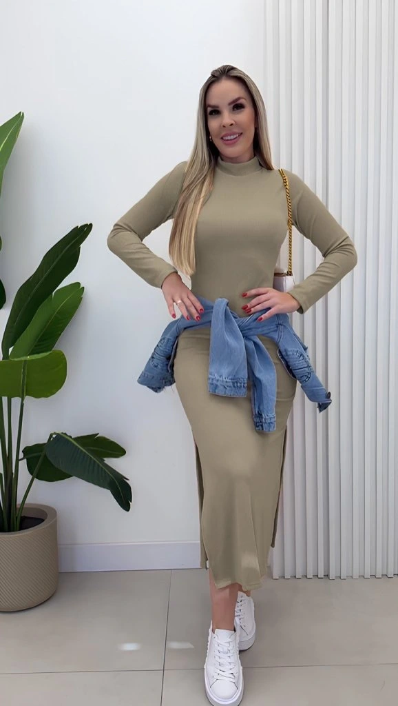 Kadın Uzun Kollu Balıkçı Yakalı Yanlardan Yırtmaçlı Kaşkorse Maxi Elbise