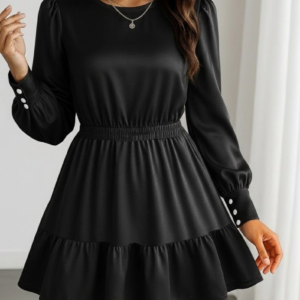 Kadın Uzun Kollu Bisiklet Yaka Beli Lastikli Fırfırlı Ithal Krep Elbise