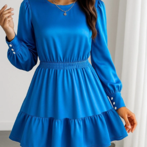 Kadın Uzun Kollu Bisiklet Yaka Beli Lastikli Fırfırlı Ithal Krep Elbise