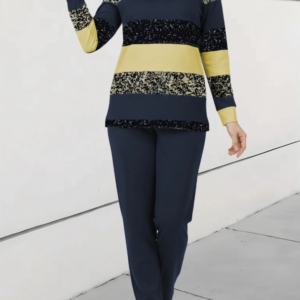 Kadın Uzun Kollu Bisiklet Yaka çizgili Desen Iki Iplik Bluz Ve Pantolon Ikili Takım