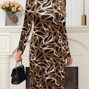 Kadın Uzun Kollu Bisiklet Yaka Desenli Dalgıç Kısa Elbise