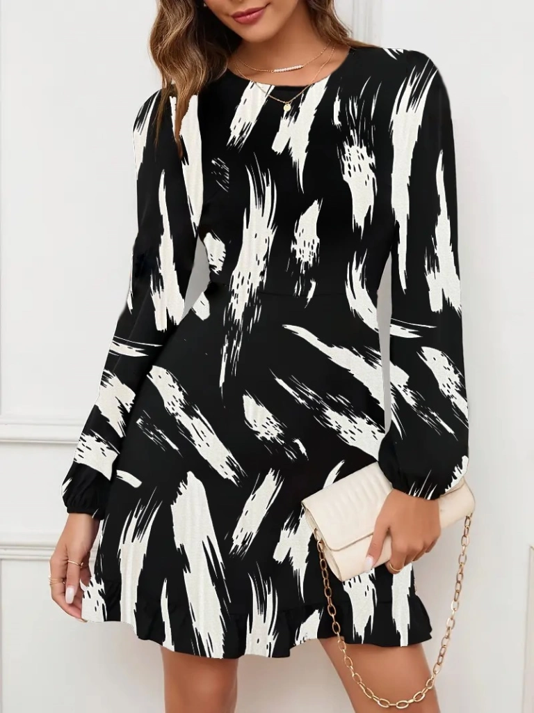 Kadın Uzun Kollu Bisiklet Yaka Desenli Kısa Krep Elbise