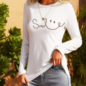 Kadın Uzun Kollu Bisiklet Yaka Gülümseyen Surat Desenli Viskon Bluz