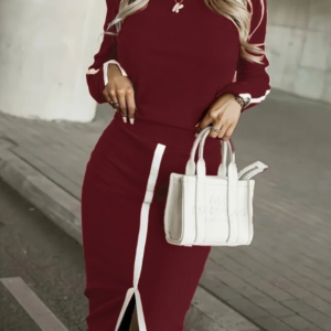 Kadın Uzun Kollu Bisiklet Yaka Kaşkorse Bluz Ve Yırtmaçlı Etek Ikili Takım