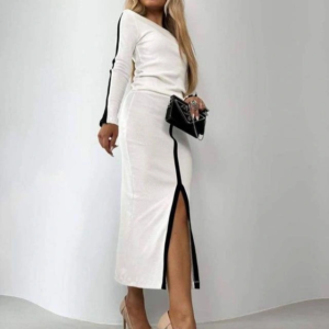 Kadın Uzun Kollu Bisiklet Yaka Kaşkorse Bluz Ve Yırtmaçlı Etek Ikili Takım