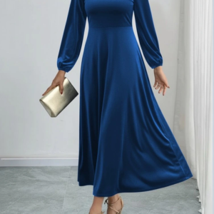 Kadın Uzun Kollu Bisiklet Yaka Midi Kadife Mavi Elbise