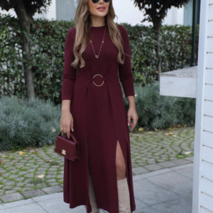 Kadın Uzun Kollu Bisiklet Yaka önden Halka Detaylı Yırtmaçlı Uzun Viskon Iki Iplik Elbise