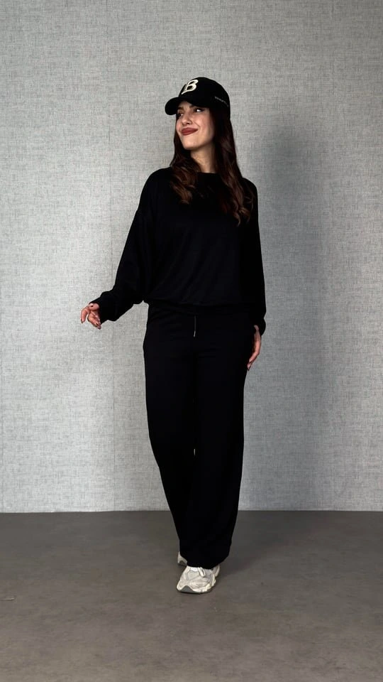 Kadın Uzun Kollu Bisiklet Yaka Viskon Iki Iplik Bluz Ve Pantolon Ikili Takım