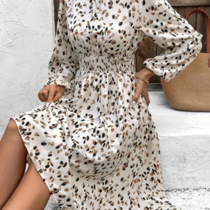 Kadın Uzun Kollu Bot Yaka Beli Lastikli Midi Süprem Elbise