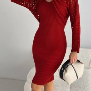 Kadın Uzun Kollu Delikli Kazak Askılı Elbise Triko Ikili Takım