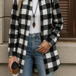 Kadın Uzun Kollu Ekoseli önden Düğmeli Dokuma Uzun Gömlek