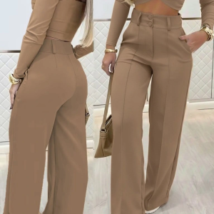 Kadın Uzun Kollu Göğüs Dekolteli Ithal Krep Bluz Ve Pantolon Ikili Takım