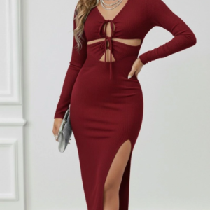 Kadın Uzun Kollu Göğüs Ve Göbek Dekolte Detay Sandy Midi Boy Elbise