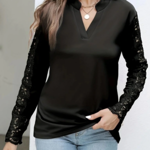 Kadın Uzun Kollu Hakim Yaka Kolları Dantel Detaylı Ithal Krep Bluz