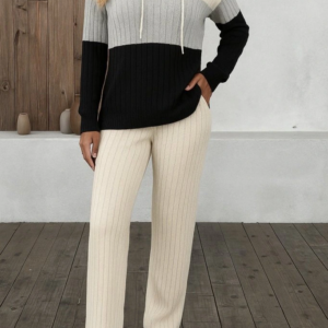 Kadın Uzun Kollu Kapşonlu Bağcıklı Blok Renkli şardonlu Kaşkorse Bluz Ve Pantolon Ikili Takım