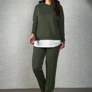 Kadın Uzun Kollu Kapşonlu Bağcıklı Viskon Iki Iplik Bluz Ve Pantolon Ikili Takım