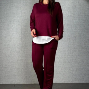 Kadın Uzun Kollu Kapşonlu Bağcıklı Viskon Iki Iplik Bluz Ve Pantolon Ikili Takım