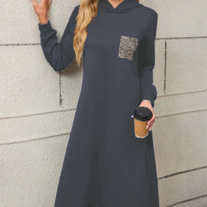 Kadın Uzun Kollu Kapşonlu Cep Detaylı Viskon Iki Iplik Maxi Elbise