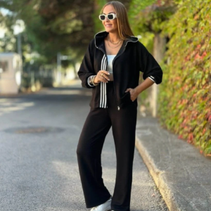 Kadın Uzun Kollu Kapşonlu Onu şerit Detaylı Fermuarlı Viskon Iki Iplik Bluz Ve Pantolon Ikili Takım