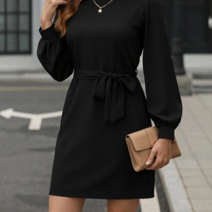 Kadın Uzun Kollu Kayık Yaka Belden Kuşaklı Kısa Ithal Krep Elbise