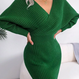 Kadın Uzun Kollu Kruvaze Geniş Yakalı Mini Triko Elbise