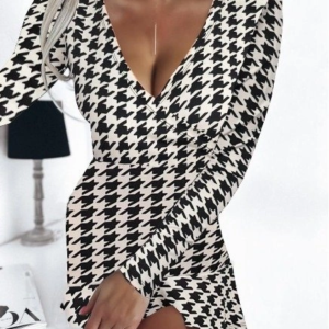 Kadın Uzun Kollu Kruvaze Yaka Kazayağı Mikro Mini Boy Elbise